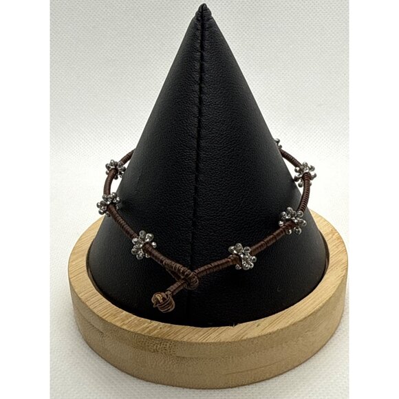 Brown Cord Bracelet Silver Tone Flower Charms Adjustable Boho Jewelry - Picture 3 of 3